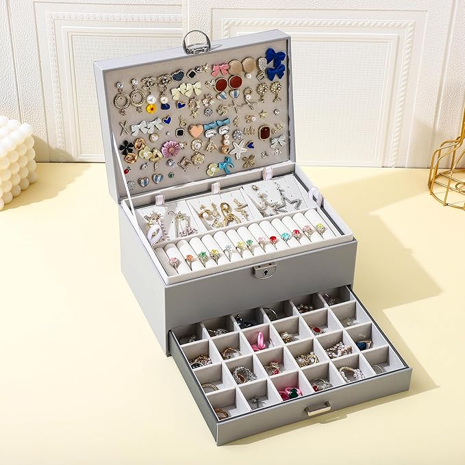 BOOVO Earring Jewelry Box For Women Girl Stud Organizer, 5 Layers Girl Jewelry Organizer Box With Lock Earring Holder Organiz