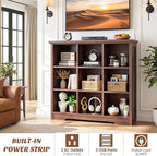Aheaplus Wooden 9-Cube Storage Organizer with Charging Ports, Modern Cube Bookcase with Base, 4-Tier Floor Standing Open Cubb
