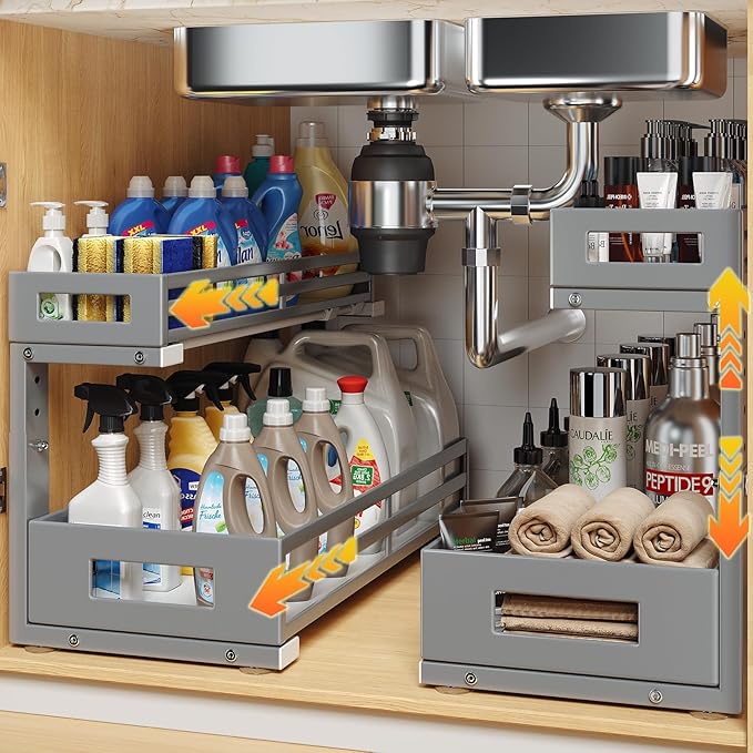 2-Pack 19"Deep Under Sink Organizer And Storage, 2-Tier L-Shaped Pull Out Cabinet Organizer with Upgraded Slide Rails, Height