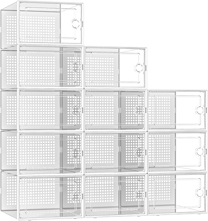 Kuject X-Large Shoe Storage Boxes Organizers Clear Plastic Stackable 12 Pack, Shoe Rack & Holder Substitute, Sneaker Containe