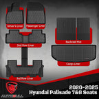 Floor Mats & Cargo Liner for 2020-2024 2025 Hyundai Palisade 7&8 Seats, Full Set All Weather Protection 1st,2nd,3rd Row Car Liners,Backrest Mat & Trunk Mat,Black
