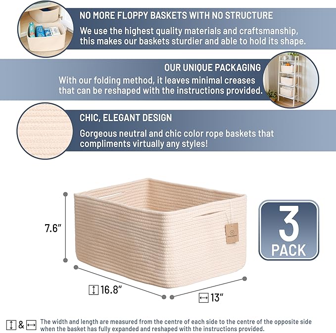 NaturalCozy Storage Baskets 16.8”x13”x7.6” Cotton Rope Woven Baskets for Organizing 3-Pack | Toy Storage Bins | Basket for Sh