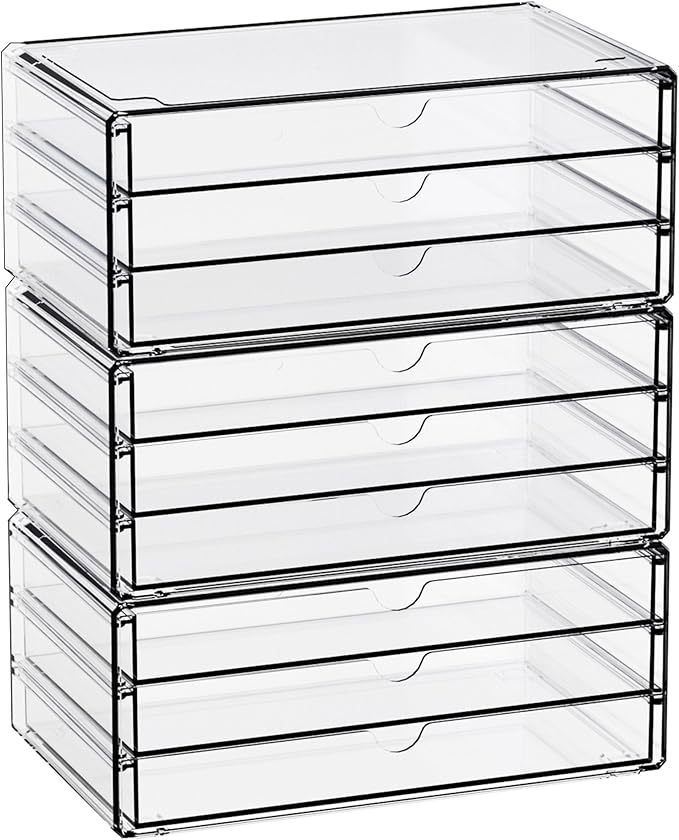 Yieach 11.1 Inch Long Clear Drawer Organizers Stackable,3 Pack Small Acrylic Drawers,School,Office Supplies Organizer And Sto