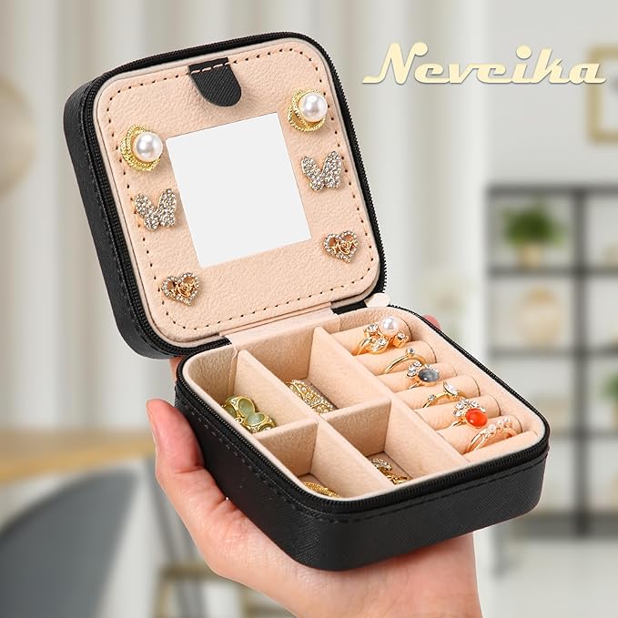 Neveika Jewelry Box with Mirror,Small Jewelry Organizer Box，Travel Jewelry Case for Women，Gift Jewelry Boxes for Female Girls
