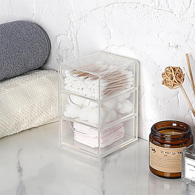 BTSKY 2 Pack Small Acrylic Storage Organizer with Drawers, 3-Layer Clear Desktop Organizer for Office Supplies Mini Storage B