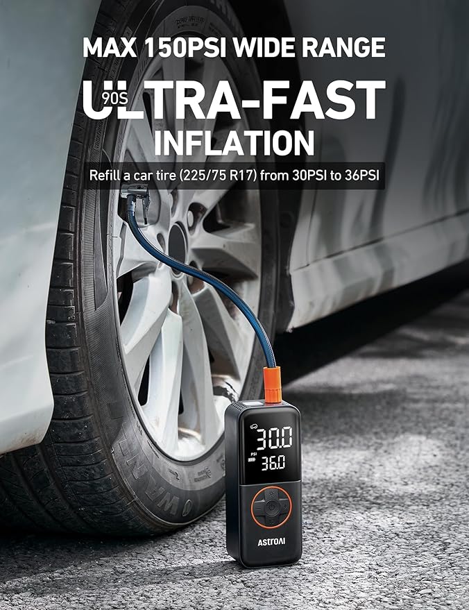 AstroAI L4 Tire Inflator Portable Air Compressor, 150PSI Portable Air Pump for Car Tires with Pressure Gauge LED Light, Electric Air Pump Quick Inflation for Cars, Motorcycles, Bikes, Tires, Balls