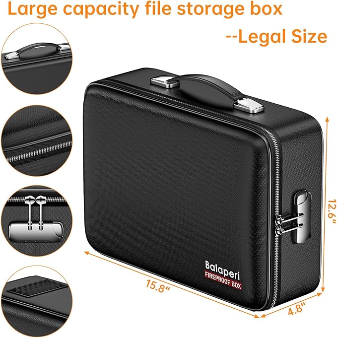 BALAPERI Fireproof File Organizer with Fireproof Zipper,Fireproof Document Box Hard Case with Lock,Portable Document Safe for