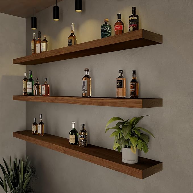 ROGMARS 60Inches Long Walnut Floating Shelves,Rustic Solid Wood Farmhouse Wall Shelves with Invisible Brackets for Bathroom, 