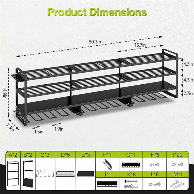 49" Heavy Duty Wall Mount Power Tool Organizer, 4-Tier Storage Rack with 12 Drill Holders & Battery Shelves, 600LBS Capacity 