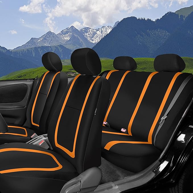 FH Group Unique Flat Cloth Full Set Car Seat Covers w. Silicone Steering Wheel Cover- Universal Fit for Most Cars, Trucks, SUVs or Vans (Orange/Black)