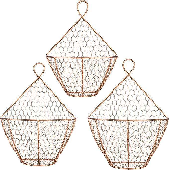 MyGift Set of 3, Farmhouse Copper Metal Wire Mesh Wall Hanging Baskets, Wall-Mounted Storage Basket, Decorative Kitchen Fruit