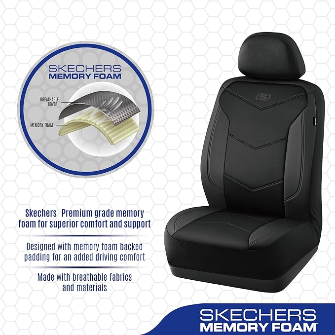 Skechers Memory Foam Seat Covers,Leather Car Seat Covers, Ultimate Comfort & Support Front Seat Covers Airbag Compatible, Aut