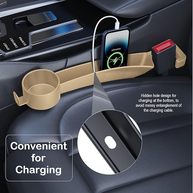 Car Seat Gap Plug with Storage Slot, Auto Gap Filler Organizer with Cup Holder, Universal Carseat Side Gap Filler Strip 2 Pack Between Front Seats & Console, Anti-Drop Pad with Seatbelt Holes, Beige