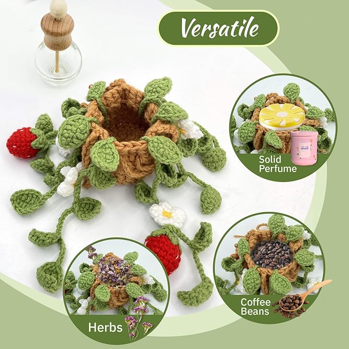 Crochet Car Air Freshener, 15ml Empty Refillable Oil Diffuser Bottle with Hanging Crochet Cute Plant for Car Rearview Mirror 