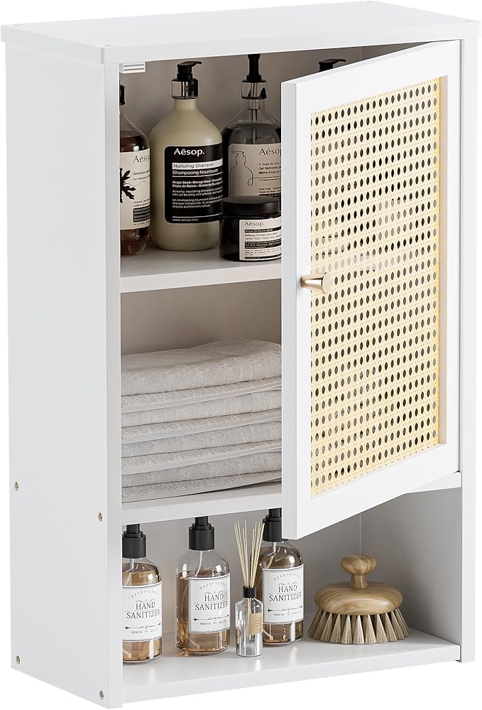 HITNET Medicine Cabinet, Rattan Bathroom Wall Cabinet Over Toilet, Bamboo Space Saver Storage Organizer with Door and Shelf f