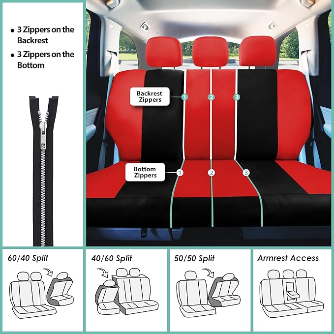 FH Group Car Seat Covers Full Set Cloth - Universal Fit, Automotive, Low Back Front, Airbag Compatible, Split Bench Rear Wash