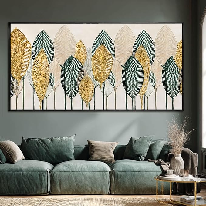 Contemporary Framed Wall Art Green and Gold Wall Decor Leaves Wall Prints Line Wall Posters 29"x58" Living Room Decorations K