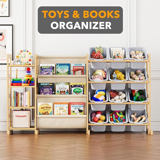 SpaceAid 3-in-1 Toy Storage Organizer with 4 Shelves and 12 Bins, Toy Organizers Storage 3-Tier Bookshelf, Kids Bin Shelf Box