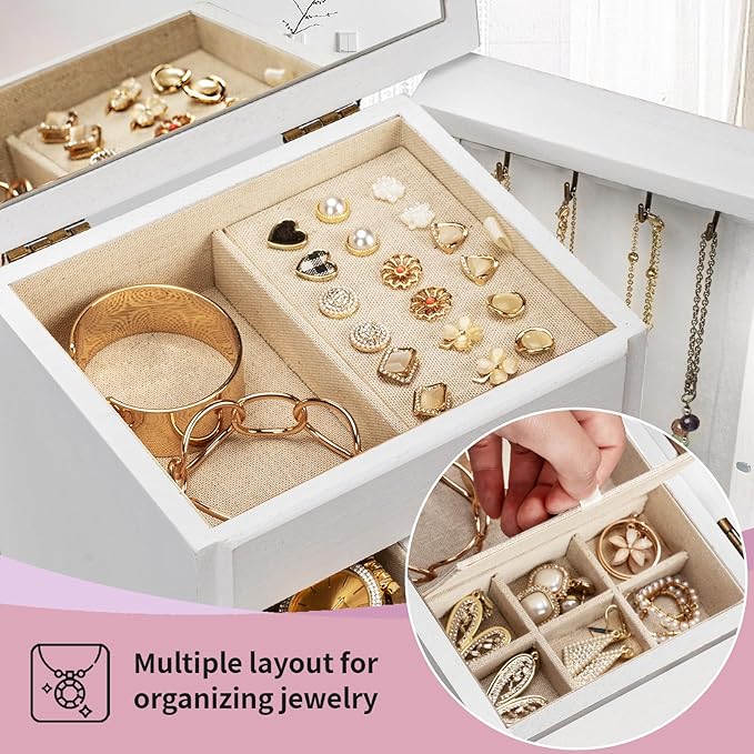 Jewelry Box for Women, Rustic Wooden Jewelry Boxes & Organizers with Mirror & Drawers,6 Layer Jewelry Organizer Box for Rings