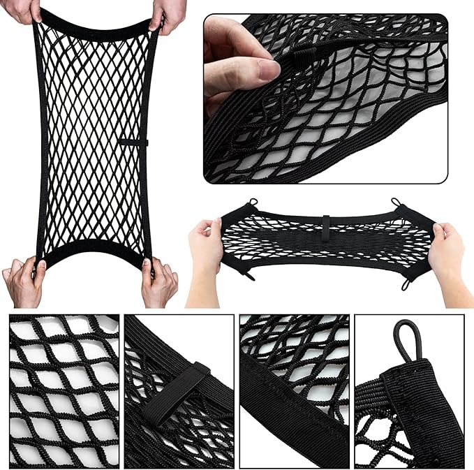 Universal 2 Pack Elastic Small Cargo Net Pocket Organizer Pouch Bag 14.3 x 9.5 inches RV Netting Storage Pocket with 8 Pieces