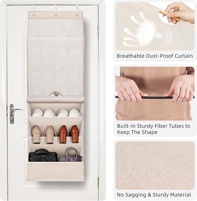 STORAGE MANIAC Over the Door Shoe Organizer with Curtain Dustproof Heavy-Duty Large Deep Pocket Hanging Shoe Organizer for Cl