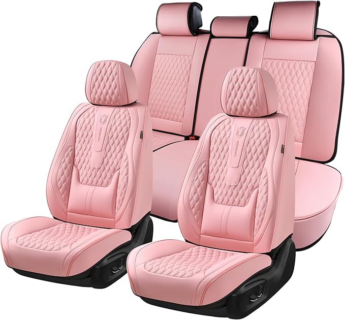 Coverado Seat Covers Full Set, Pink Car Seat Covers, Waterproof Car Seat Cover with Lumbar Support, Leather Car Seat Cushion 