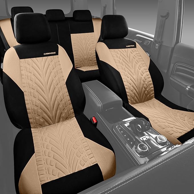 CAR PASS Car Seat Covers Full Sets, Front & Split Rear Bench for Car, 3D Tyre Embossed Automotive Interior Covers, Airbag Com