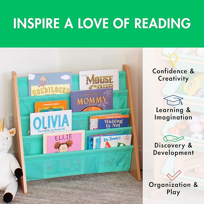 Humble Crew 4-Tier Kids Bookshelf, Natural Wood/Seafoam Green - Premium Book Shelf for Kids Rooms with Four Deep Pockets - To