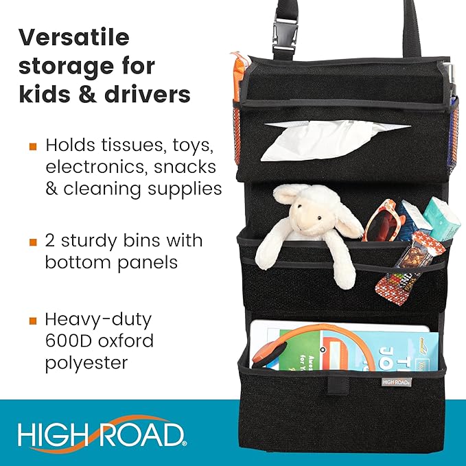 High Road Storage Organizer with Car Tissue Box Holder and Multipurpose Pockets - Back of the Seat or Front Seat Organizer for Driving Essentials - Slim and Compact Car Storage for All Vehicles