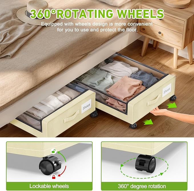 Under Bed Storage with Wheels, 4-Pack UnderBed Storage Containers with Clear Lids, Under Bed Shoe Storage Organizer, Rolling 