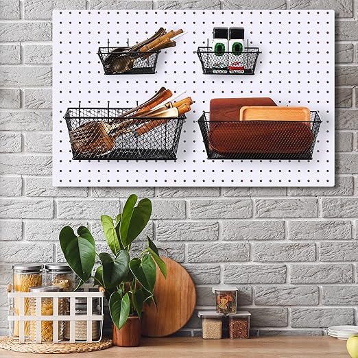 Sieral 4 Pcs Black Pegboard Baskets Metal Wire Shelf Baskets Peg Board Organizer Accessories Wall Mount Organizer Attachments