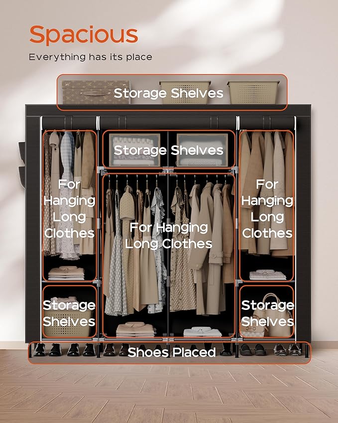 CASAMAYA Portable Closet, 66.9 Inch Large Capacity Wardrobe Closet with Cover, Clothes Storage Organizer with Shelves and 4 H