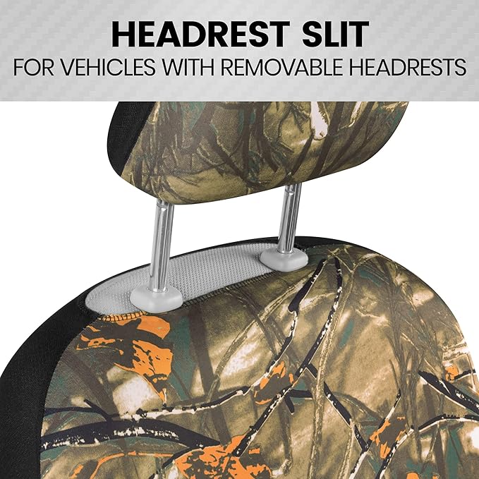 BDK Hunter Camo Car Seat Covers Full Set with Camo Steering Wheel Cover and Seat Belt Cover Pad – Forest Camouflage Pattern, 
