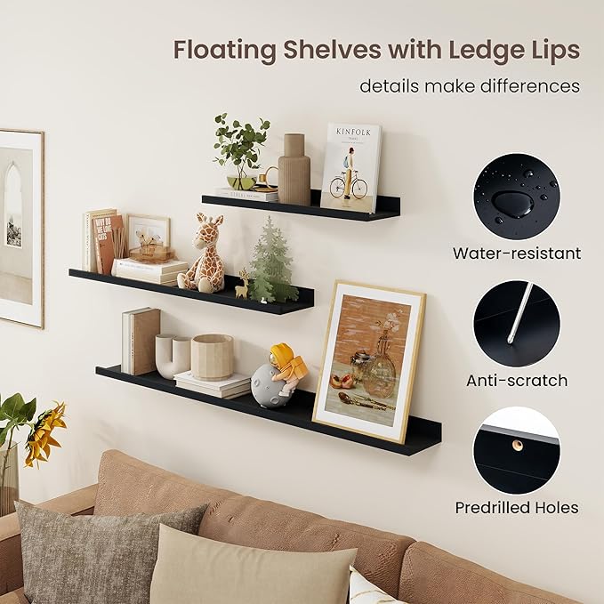 Axeman 48 Inch Floating Shelves | Black Picture Ledge Shelf Set of 3 | Rustic Wood Wall Shelves with Lip | 48" Black Picture 