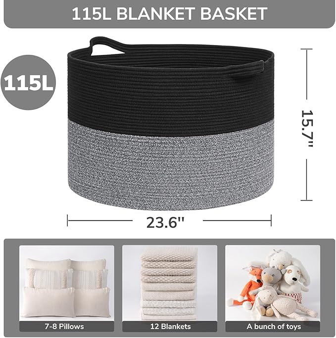 INDRESSME 115L Extra Large Cotton Rope Blanket Basket, Woven Basket for Toy Storage Organizer & Laundry Toy Box for Living Ro