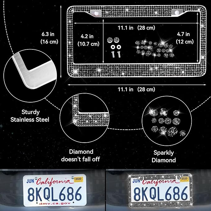 CAR PASS 30 PCS Bling Diamond Car Accessories Set for Women, Bling Steering Wheel Covers 15 Inch, Shining Rhinestone License Plate Frame, Sparkly Phone Holder, Cute Interior Set Decorations, Black