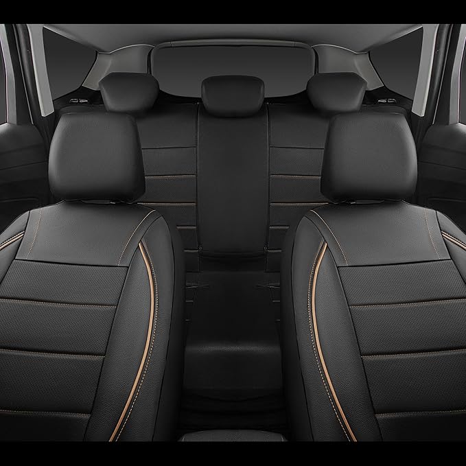 CAR PASS Universal FIT Piping Leather Car Seat Cover, for suvs,Van,Trucks,Airbag Compatible,Inside Zipper Design and Reserved Opening Holes (Full Set, Black and Beige)