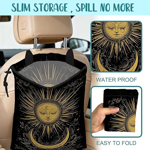 Car Garbage Bag Golden Sun Boho Crescent Moon Stars Hanging Canvas Car Trash Bag Drawstring Car Back Seat Organizer for Car Back Front Seat Console with Adjustable Buckle