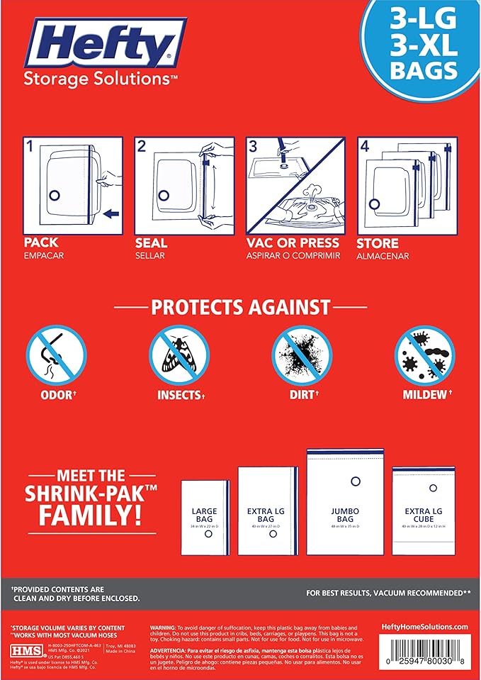 Hefty Shrink-Pak Vacuum Storage Bags - Space Saver for Under Bed Storage, Clothing and Comforters, Odor Resistant, 3X More St