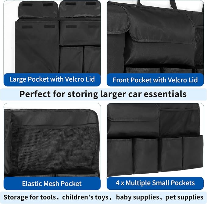 Car Trunk Organizer, Backseat Hanging Organizer with Storage Pockets for SUV, Truck, Van, Collapsible Trunk Organization for