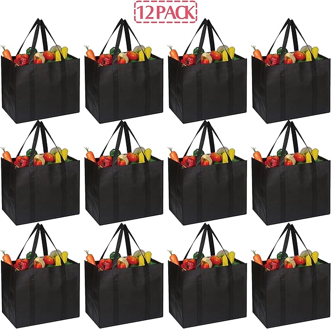 DIOMMELL 12 Pack Reusable Grocery Bags Large Foldable Heavy Duty Shopping Tote Produce Bag with Reinforced Handles for Groceries Clothes Vegetables Fruit, Black