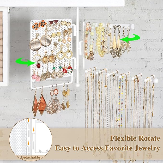 SOLIMINTR Hanging Jewelry Organizer Wall Mount with Rustic Wood Shelf, Ring Display Box, Ear Studs Earring Holder, Rotating N