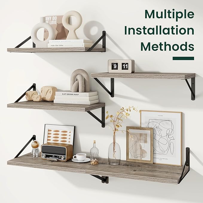 Floating Shelves, 12 Inch Deep Rustic Wood Wall Storage, 16W x 12D Wall Shelves Set of 2, Heavy Duty Metal Brackets, Large In