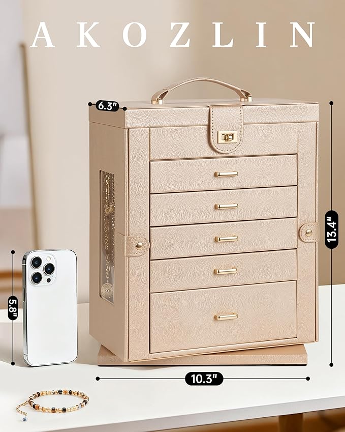 AKOZLIN Jewelry Box 360° Rotating 6-Tier Functional Jewelry Storage Case Organizer for Women Girls Ring Necklace Earring Brac