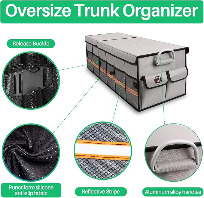 Big Car Trunk Organizer, Cargo Organizer SUV Trunk Storage Non Slip Bottom Waterproof Collapsible Durable Multi Compartments-(