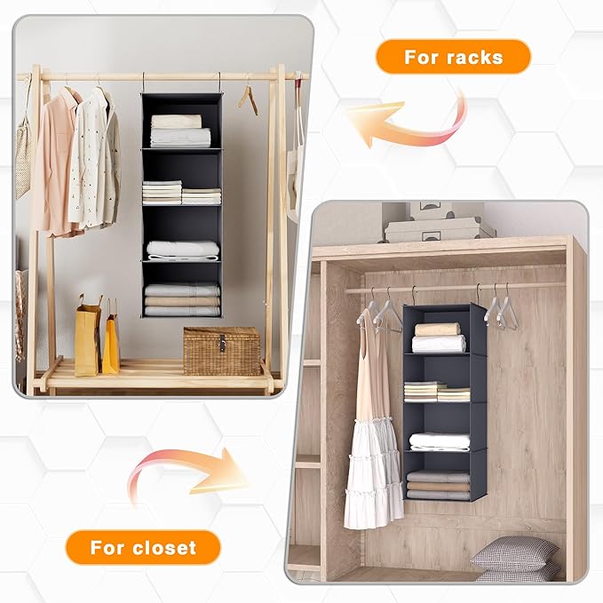 Hanging Closet Organizer, Easy Mount Foldable 4-Shelf Hanging Closet Wardrobe Storage Shelves, Clothes Handbag Shoes Accessor
