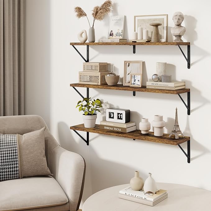 Floating Shelves, Wall Book Shelf with Brackets, 36 inch Wall Shelves Set of 3, Particle Board Wooden Shelf for Kitchen, Bath