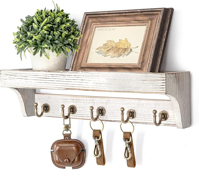 Rebee Vision Pine Wood Key Holder Wall Mount with Shelf for Farmhouse Decor - Rustic Wall Mail Organizer Wall Mounted for Liv