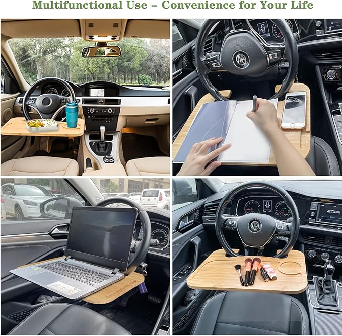 Steering Wheel Tray Double Sided Bamboo Car Laptop Steering Wheel Desk Multifunctional Car Food Trays Car Table Steering Wheel Tray for Eating, Tablet, iPad or Notebook Travel Car Accessories