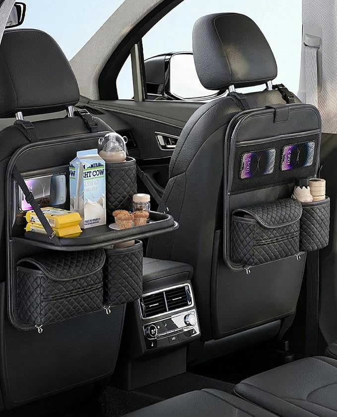 Leather Backseat Car Organizer with Foldable Table Tray & Cup Holder - Car Backseat Organizer for Kids, Women, Road Trip Essentials for SUVs, Trucks and Cars (Black)